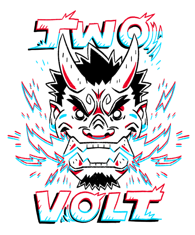A shirt design featuring an oni with a lightning bolt in its mouth.