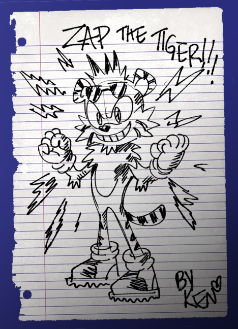 A crude drawing of a Sonic the Hedgehog-style tiger with electric powers and sunglasses.
